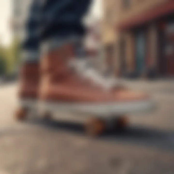 A close-up of durable skate shoes on a skateboard