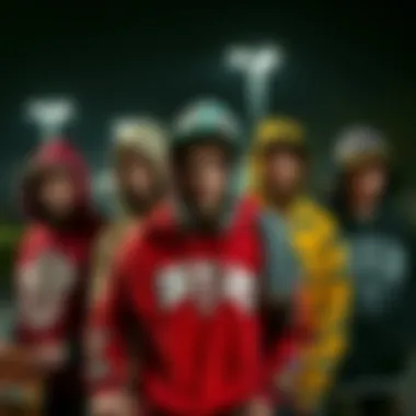 Diversity in Funky Hoodies Among Skateboarders Group of skateboarders wearing diverse funky hoodies