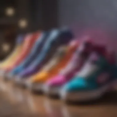 A collection of colorful Heelys Galaxy Skate Shoes lined up for display.