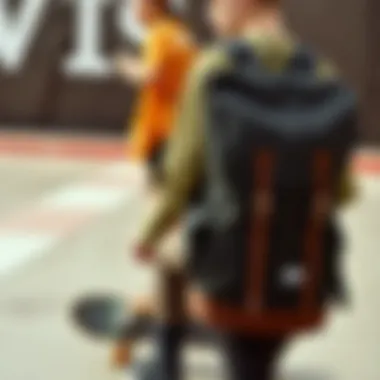 Integration of Herschel Khaki Backpack in Skate Culture Herschel Khaki Backpack integrated into skate culture environment