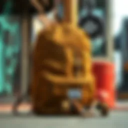 Herschel Khaki Backpack showcased against an urban backdrop