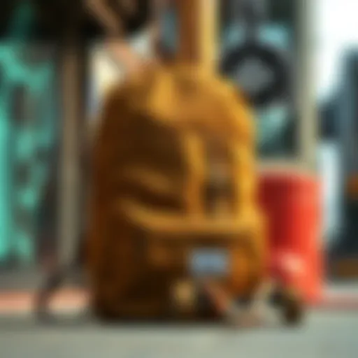 Herschel Khaki Backpack showcased against an urban backdrop