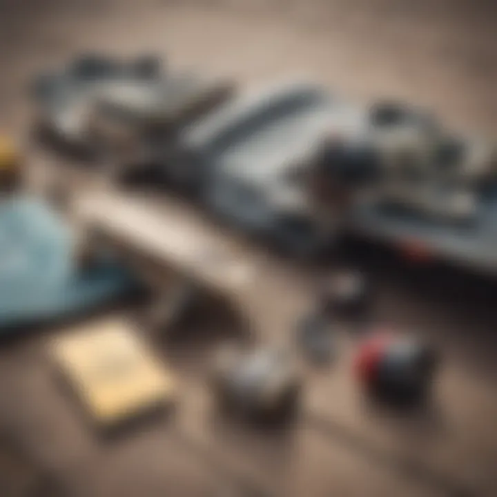 A close-up of essential skateboarding gear laid out on the ground