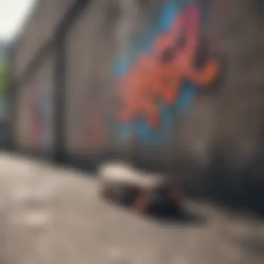 A skateboard leaning against an urban wall adorned with graffiti