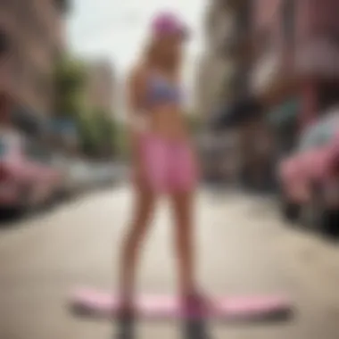 Skaters wearing Hurley pink board shorts in urban settings.