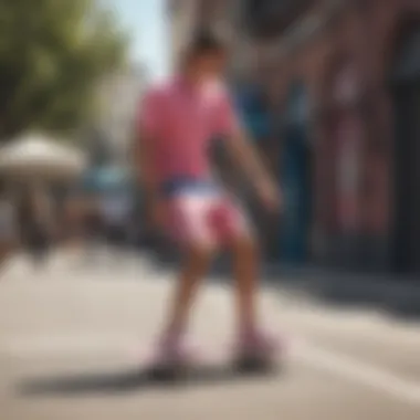 Skater showcasing Hurley pink board shorts in urban setting