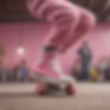 A skateboarder performing tricks while wearing Pink Allstar shoes