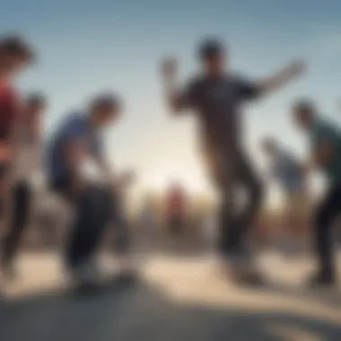 Diversity of Skaters Embracing Lakai A group of diverse skaters wearing Lakai shoes in a skate park