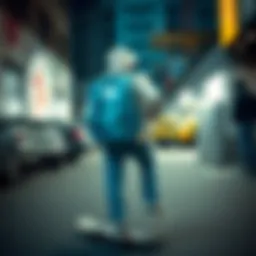 Light blue Herschel backpack showcased in an urban skateboarding environment