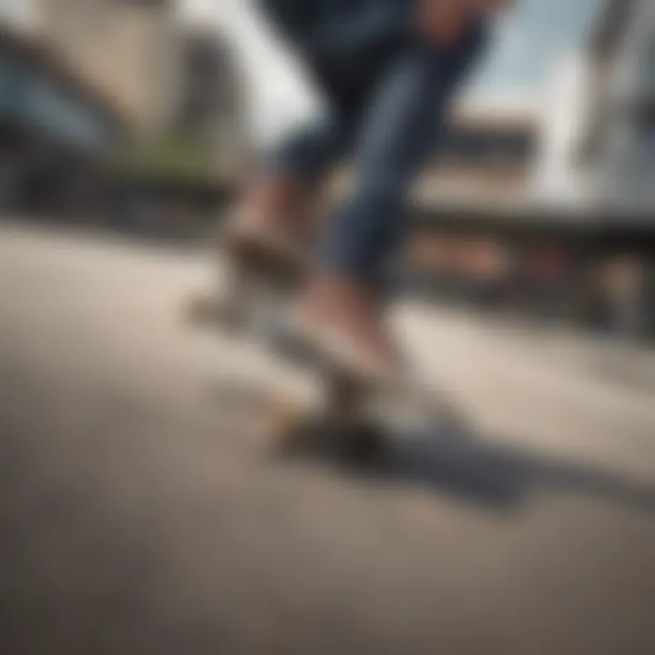 Skateboarder performing a smooth stop using the foot brake technique