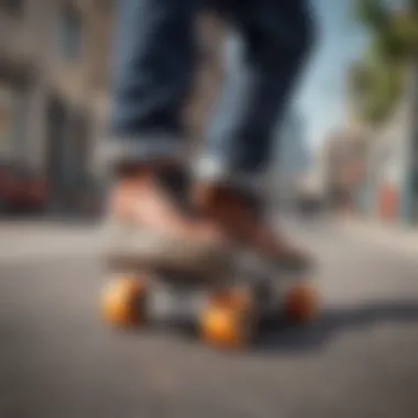 Demonstration of the heel drag method for stopping on a skateboard