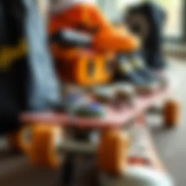 Close-up of skateboard setup and gear selection