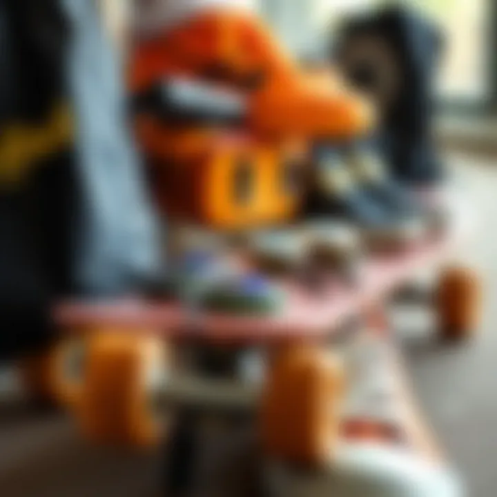 Close-up of skateboard setup and gear selection