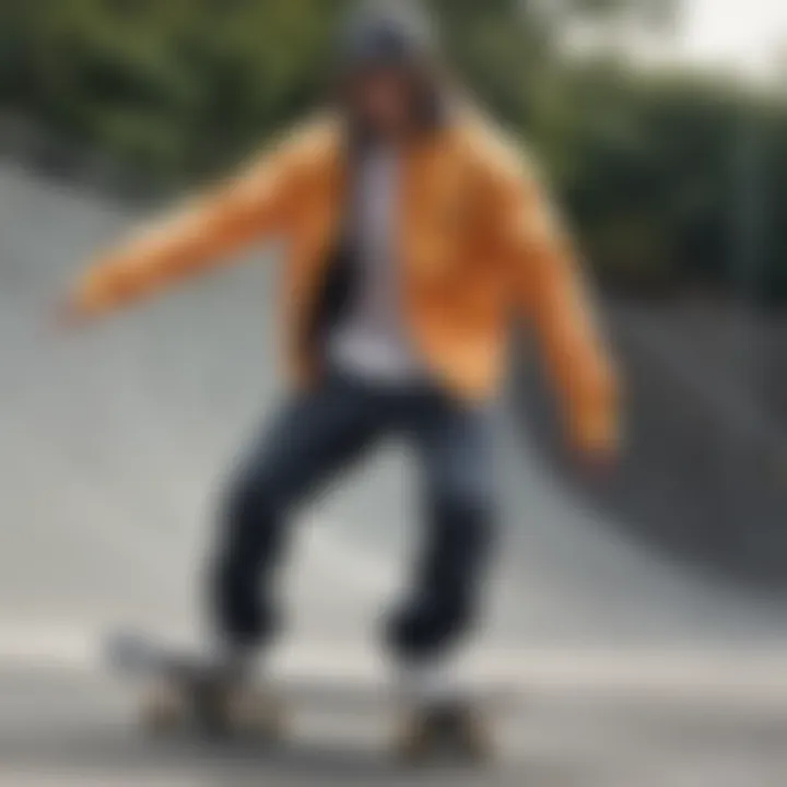 Skateboarder wearing a members only reflective jacket at a skate park