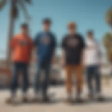 Group of skateboarders wearing Mitchell and Ness gear, embodying the spirit of LA skate culture