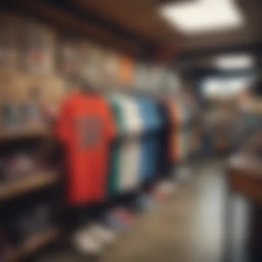 A collection of Mitchell & Ness vintage tees displayed in a vibrant skate shop setting.