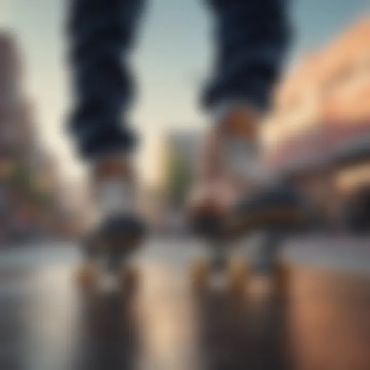 A close-up view of a skater's feet on a skateboard, highlighting the fitted Bauer skates in action.