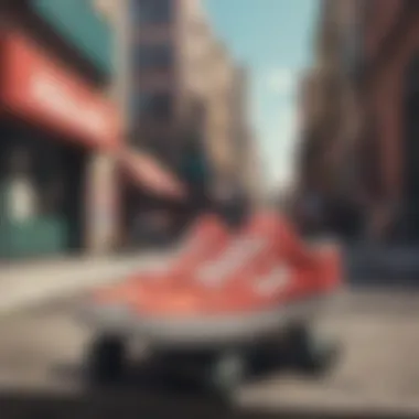 A dynamic shot of skateboard shoes on a vibrant urban backdrop