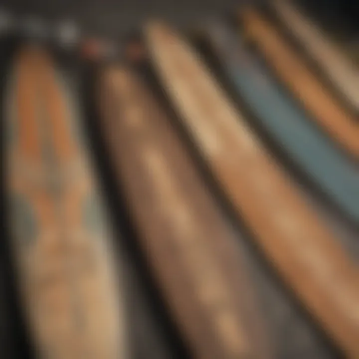 A close-up view of various longboard designs and styles