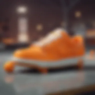 Close-up of Nike shoes adorned with orange elements on a skateboard