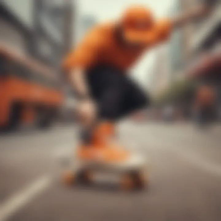 Skateboarder performing tricks while wearing Nike gear in orange hues