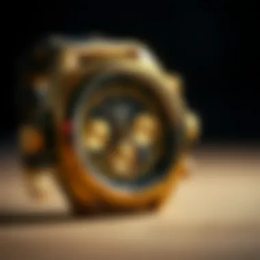 Intricate Dial Design of Nixon Sentry Chrono Gold Close-up view of the Nixon Sentry Chrono Gold wristwatch showcasing its intricate dial design.