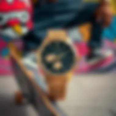 Nixon Sentry Chrono Gold in Skateboarding Culture Nixon Sentry Chrono Gold displayed against a vibrant skateboarding backdrop highlighting its cultural relevance.