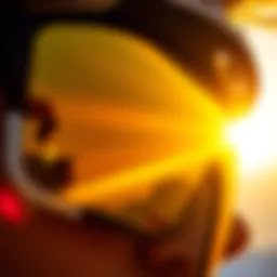 Close-up of Oakley yellow lenses reflecting sunlight