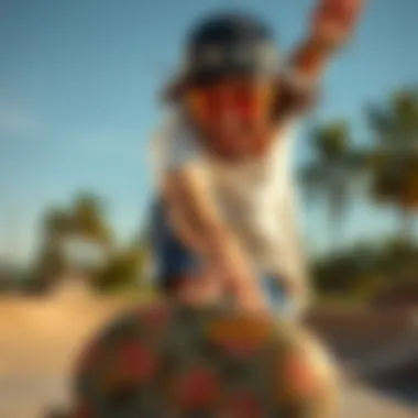 Style and Performance on the Board Skateboarder wearing Oakley yellow glasses during a trick