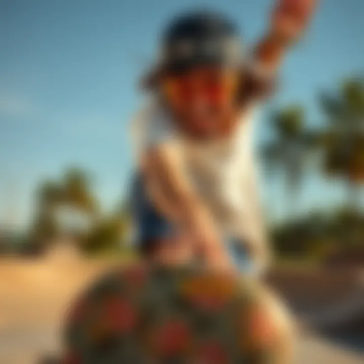 Style and Performance on the Board Skateboarder wearing Oakley yellow glasses during a trick