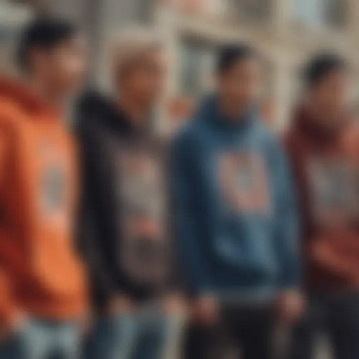 Group of skateboarders showcasing Obey sweatshirts.