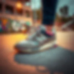 Vintage New Balance sneakers showcased in an urban skate park setting
