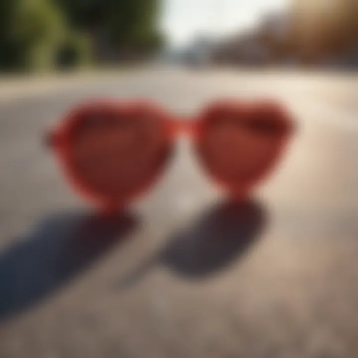 A close-up of red heart sunglasses resting on a skateboard, symbolizing their connection to skateboarding culture.