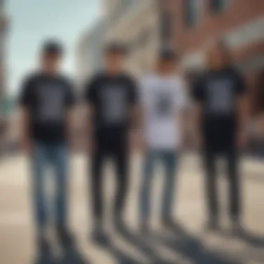 Group of skaters wearing Riot Society t-shirts in an urban setting.