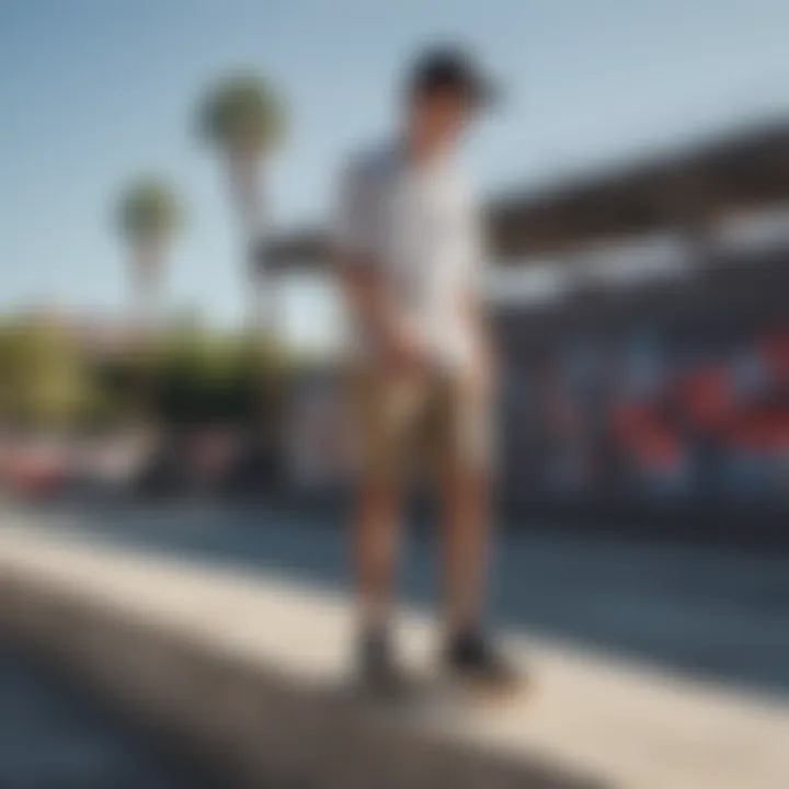 A stylish individual showcasing an RVCA short sleeve button-up in an urban skatepark setting