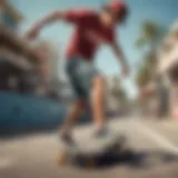 Dynamic skateboarder showcasing shorter board shorts in action