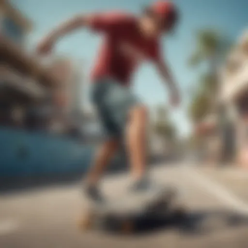 Dynamic skateboarder showcasing shorter board shorts in action