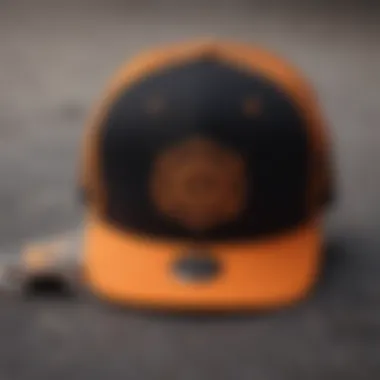 A skateboard deck alongside a black and orange trucker hat