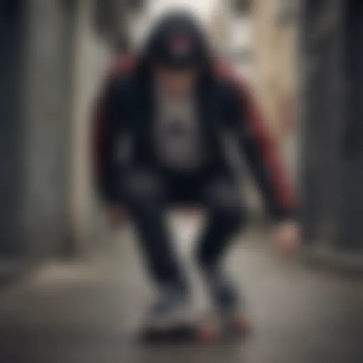 Skateboarder wearing the black Adidas jacket with red stripes in an urban environment.