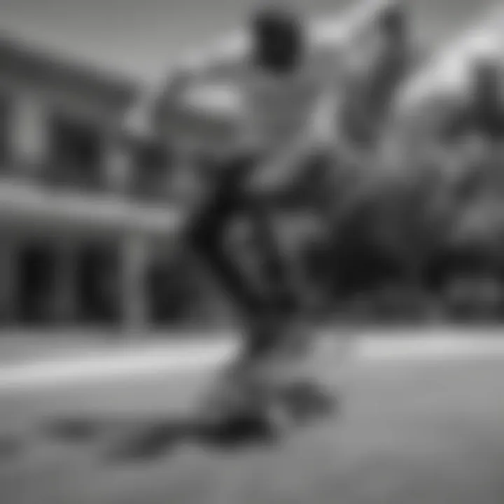 A skateboarder wearing black and white Filas performing a trick.