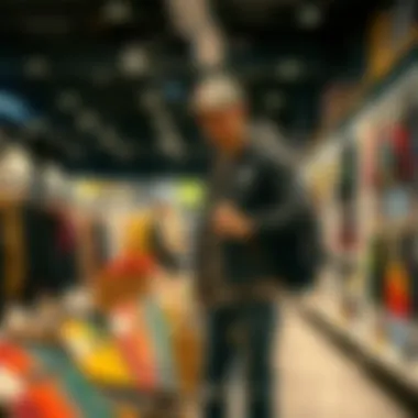 The Retail Experience for Skateboarders A skateboarder casually choosing a backpack at a trendy retail store, highlighting the shopping experience.