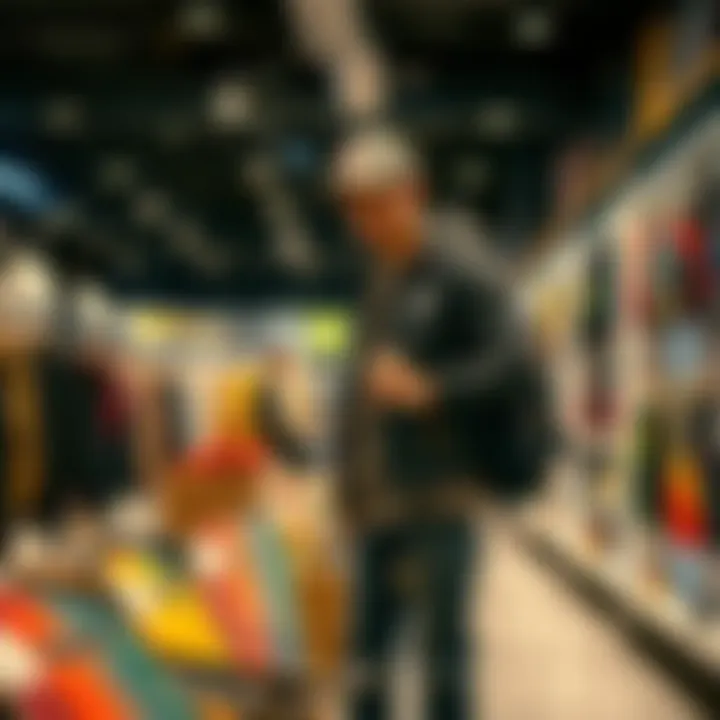 The Retail Experience for Skateboarders A skateboarder casually choosing a backpack at a trendy retail store, highlighting the shopping experience.