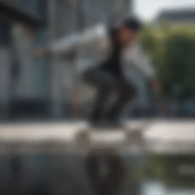 A skateboarder wearing a members-only reflective jacket while performing a trick