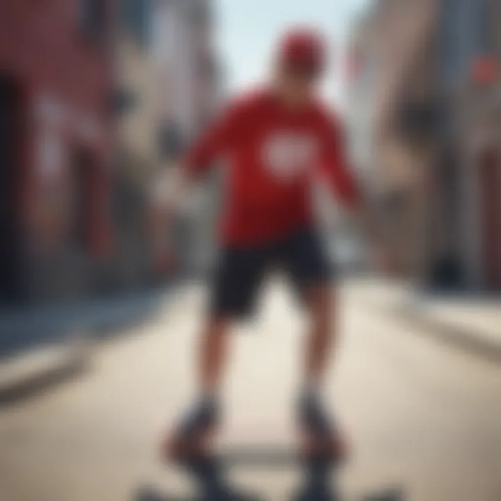 A vibrant street style photo featuring a skateboarder wearing red heart sunglasses, showcasing style and attitude.