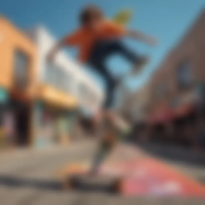 Skateboarder performing tricks in a colorful urban environment