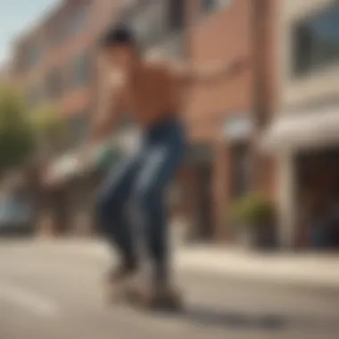 A skateboarder performing a trick while wearing high waisted Dickies, emphasizing functionality.