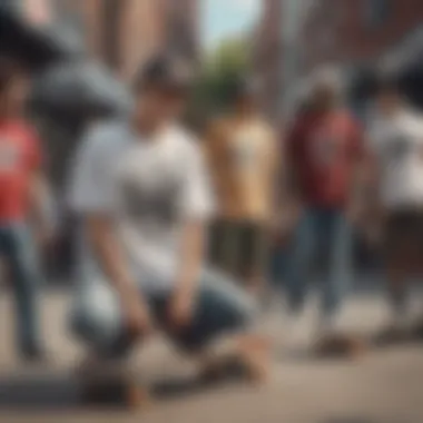 A group of skateboarders showcasing their Mitchell & Ness tees while performing tricks in an urban environment.