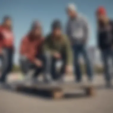 A group of skateboarders wearing various styles of Vans beanies in a skate park.