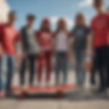 A group of skateboarders posing together with red heart sunglasses, representing community and identity in skate culture.