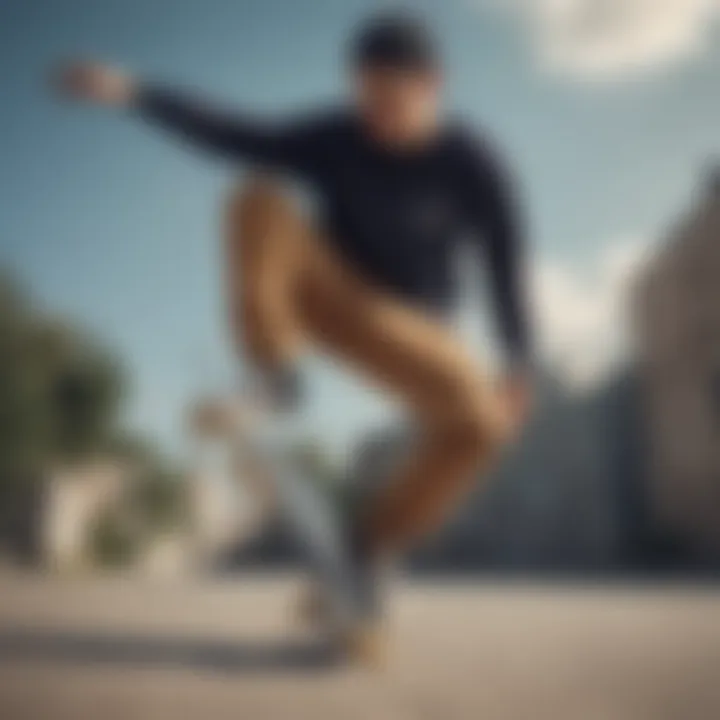 A skateboarder performing tricks while wearing a stylish crew neck sweatshirt.